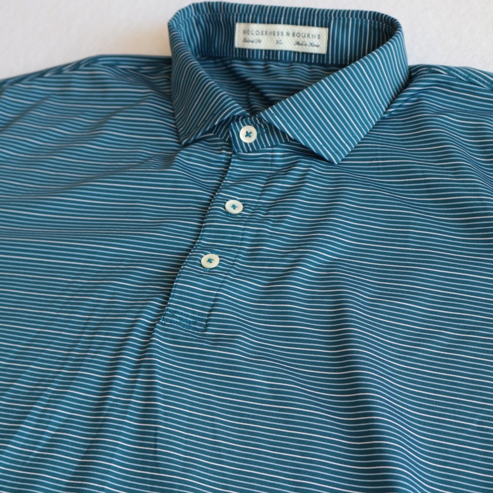 Holderness & Bourne Mens XL Tailored Fit Striped Golf Polo Shirt Teal Blue Logo